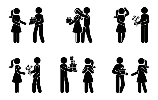 男性と女性がプレゼントベクトルイラストセットを与えるスティック図 人で休日を受け取るギフトボックススティックマンアイコンシルエット絵文字 ロイヤリティフリーストックベクター