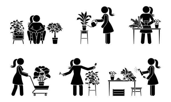 Stick Figur Kvinna Plantera Hem Blommor Vektor Illustration Set Stick Stockvektor