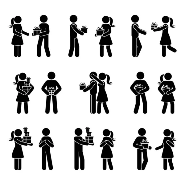 Stick Figura Persona Dando Presenta Insieme Illustrazione Vettoriale Uomo Donna — Vettoriale Stock