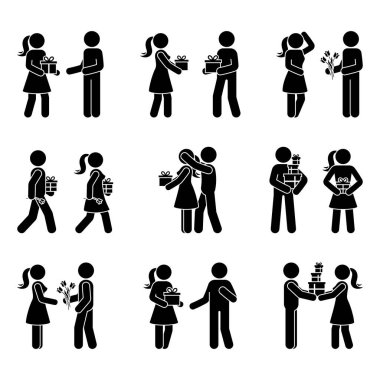 Çubuk figürleri hediye vektör illüstrasyon seti veriyor. Erkek ve kadın hediye kutusu alıyor. Stickman simgesi siluet resim.