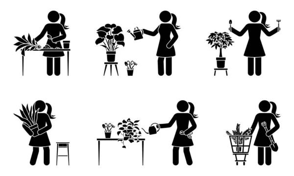 スティック図女性の家庭用花ベクトルイラストセットを植えます 家のアイコンのシルエットピクトグラムの世話をスティック女性の人 ストックベクター