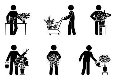 Çubuk adam ev çiçekleri vektör illüstrasyon setiyle ilgileniyor. Ev bitkisi simgesi silueti resimli erkek kişi