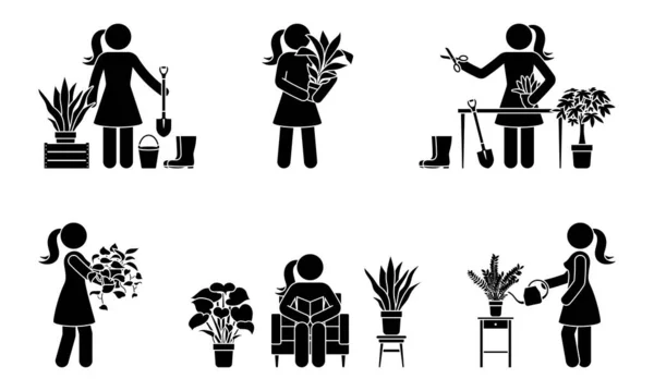 スティック図女性ガーデニングホーム花ベクトルイラストセット スティックガール人の家の植栽アイコンシルエットピクトグラム ストックベクター