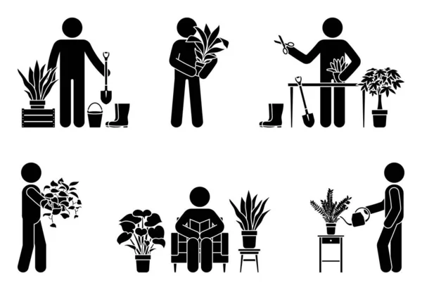 Strichmännchen Gärtnerei Hausblumen Vektor Illustrationsset Stickman Person Haus Pflanzung Symbol Stockillustration