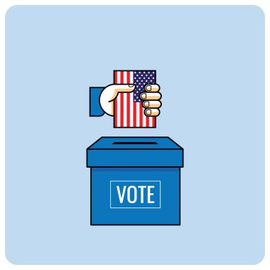 Seçim kampanyası, konsept tasarım. Başkanlık seçimi için oy pusulası ve kutu. Kartvizitli bir seçmen. Seçim günü için ikon. Zarfı kutuya koy, vektör illüstrasyonu.
