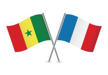 Senegal ve Fransa bayrakları aştı. Beyaz arka planda Senegal ve Fransız bayrakları. Vektör simgesi ayarlandı. Vektör illüstrasyonu.