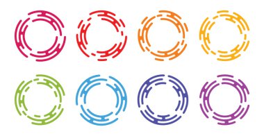 Soyut renkli çemberler. Sınırlar, çerçeveler, şekiller. Çember şeklinde soyut çizgiler, tasarım elemanı. Yuvarlak geometrik şekil. Vektör İllüstrasyonu