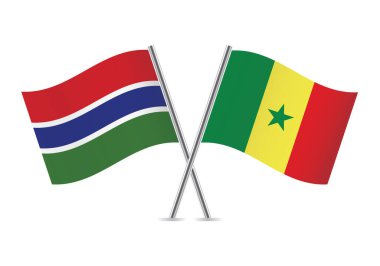 Gambiya ve Senegal bayrakları aştı. Gambian ve Senegal bayrakları beyaz arka planda. Vektör simgesi ayarlandı. Vektör illüstrasyonu.