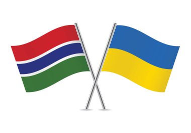 Gambiya ve Ukrayna bayrakları aştı. Beyaz arka planda Gambian ve Ukrayna bayrakları var. Vektör simgesi ayarlandı. Vektör illüstrasyonu.