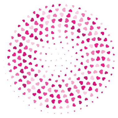 Beyaz arka planda pembe kalpleri olan bir daire. Kalp yarım ton dokusu. Yuvarlak arkaplan şablonu. Sevgililer günü aşk afişi reklam tasarımı.