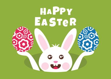Happy Easter greeting card with a white bunny holding Easter eggs. Vector illustration.