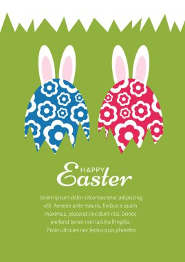 Happy Easter banner, poster, greeting card. Easter design with typography, bunnies, eggs, and bunny ears.
