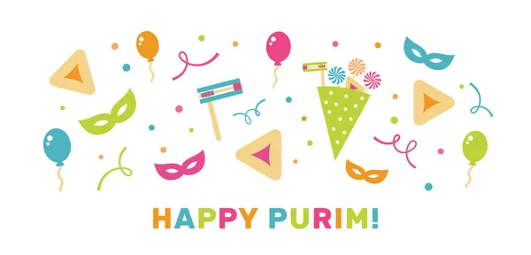 Purim bayramın kutlu olsun. Balonlar, maskeler ve konfetilerle dolu renkli bir geçmişi var. Vektör İllüstrasyonu.