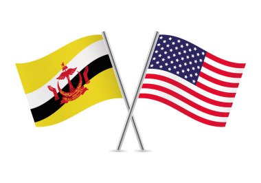 Brunei and America crossed flags. Bruneian and American flags on white background. Vector icon set. Vector illustration.