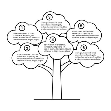 Doğrusal biçimdeki soyut ağaç bilgi grafikleri. Tasarım Şablonu. Dekoratif ağaç beyaz arkaplanda izole edilmiş. Siyah ve beyaz vektör çizimi.