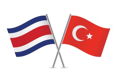Costa Rica and Turkey crossed flags. Costa Rican and Turkish flags on white background. Vector icon set. Vector illustration.