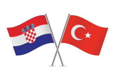 Hırvatistan ve Türkiye bayrakları aştı. Beyaz arka planda Hırvat ve Türk bayrakları. Vektör simgesi ayarlandı. Vektör illüstrasyonu.