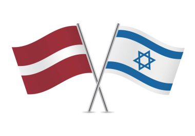 Letonya ve İsrail bayrakları aştı. Beyaz arka planda Letonya ve İsrail bayrakları var. Vektör simgesi ayarlandı. Vektör illüstrasyonu.