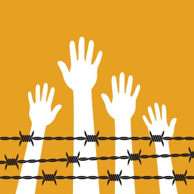İnsan elleri dikenli tellerin arkasında. Vektör illüstrasyonu.