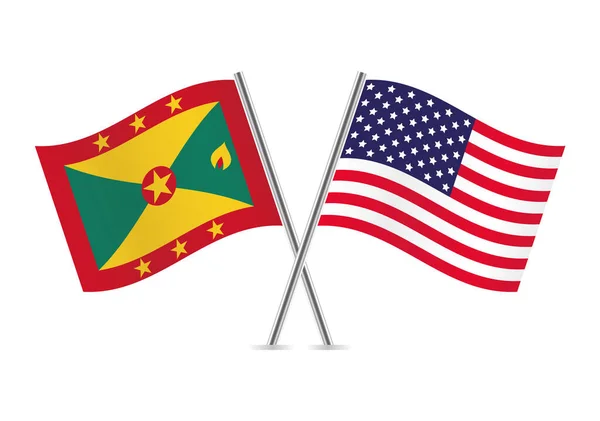 Grenada Amerika Keresztezték Zászlókat Gránátos Amerikai Zászlók Fehér Háttérrel Vektor — Stock Vector