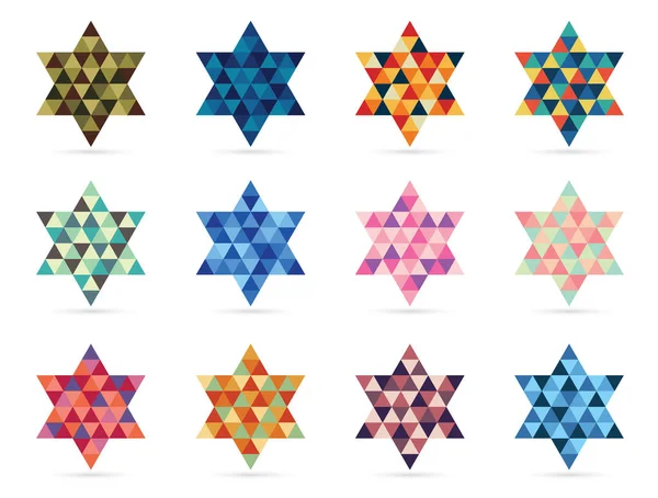 色彩斑斓的大卫之星 背景为白色三角形镶嵌图案 矢量图标集 — 图库矢量图片