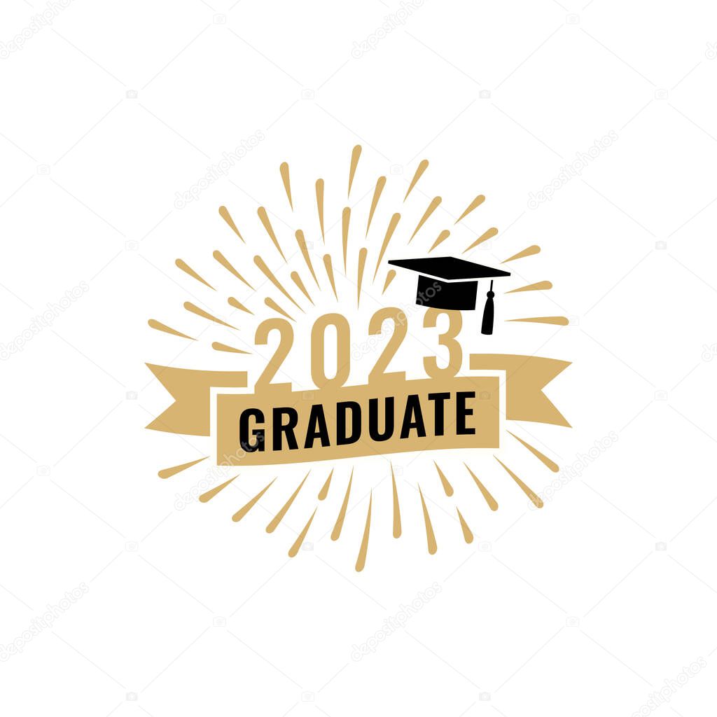 Graduation party logo design. Class of 2023 with graduation cap and ribbon. Graduation symbols. Vector illustration.
