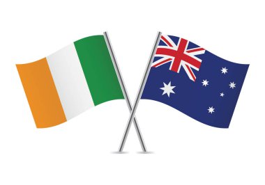 İrlanda ve Avustralya bayrakları aştı. Beyaz arka planda İrlanda ve Avustralya bayrakları. Vektör simgesi ayarlandı. Vektör illüstrasyonu.