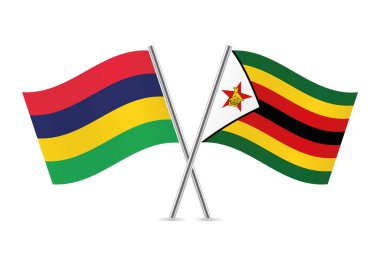 Mauritius ve Zimbabwe bayrakları aştı. Mauritian ve Zimbabwean bayrakları beyaz arka planda. Vektör simgesi ayarlandı. Vektör illüstrasyonu.