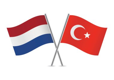 Hollanda ve Türkiye bayrakları aştı. Beyaz arka planda Hollanda ve Türk bayrakları. Vektör simgesi ayarlandı. Vektör illüstrasyonu.