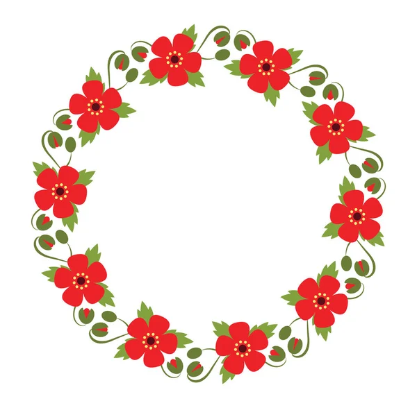 Røde Blomster Blomsterkrans Vektorramme Med Valmuer Form Cirkel – Stock-vektor