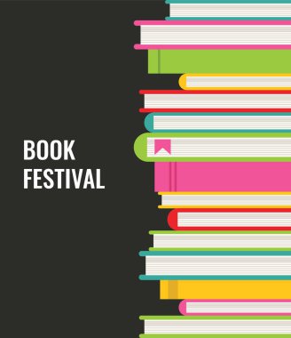 Renkli kitaplarla kitap festivali vektör arkaplanı. Koyu arkaplan üzerine renkli kitap yığını. 