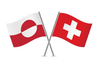 Grönland ve İsviçre bayrakları çaprazladı. Beyaz arka planda Grönland ve İsviçre bayrakları. Vektör simgesi ayarlandı. Vektör illüstrasyonu.