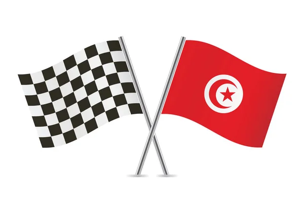 Checkered Racing Tunisia Crossed Flags Isolated White Background Vector Icon — Stock Vector