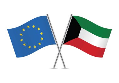 Avrupa Birliği ve Kuveyt bayrakları aştı. Beyaz arka planda AB ve Kuveyt bayrakları var. Vektör simgesi ayarlandı. Vektör illüstrasyonu.