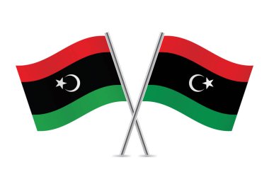 Libya bayrakları aştı. Libya bayrakları, beyaz arka planda izole edilmiş. Vektör simgesi ayarlandı. Vektör illüstrasyonu.