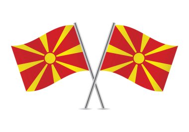 Kuzey Makedonya bayrakları aştı. Kuzey Makedonya bayrakları, beyaz bir arka planda izole edilmiş. Vektör simgesi ayarlandı. Vektör illüstrasyonu.