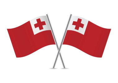 Tonga Krallığı bayrakları aştı. Tonga bayrakları, beyaz arka planda izole edilmiş. Vektör simgesi ayarlandı. Vektör illüstrasyonu.