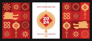 Çin Yeni Yılı 2024, Ejderha Yılı. Ay Yeni Yıl kartları ayarlandı. 