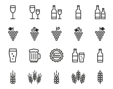 Şarap ve bira ikonları - bardak, şişe, üzüm, buğday.