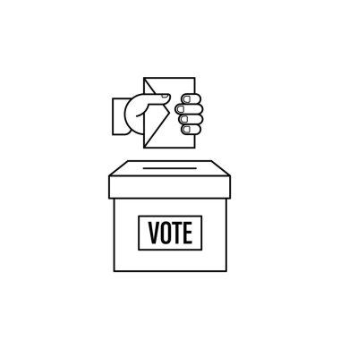 Seçim kampanyası, konsept tasarım. Başkanlık seçimi için oy pusulası ve kutu. Kartvizitli bir seçmen. Seçim günü için ikon. Zarfı kutuya koy, vektör illüstrasyonu.