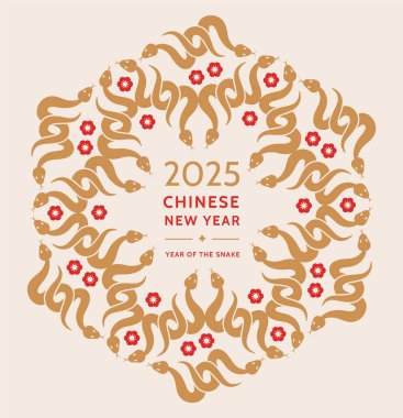 Çin Yeni Yılı 2025, Yılan Yılı. Ay Yeni Yıl tebrik kartı. Altın yılanlı dekoratif çerçeve. Vektör tasarımı.
