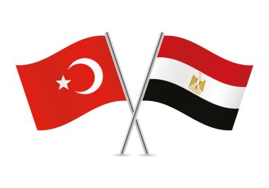Türkiye ve Mısır bayrakları aştı. Beyaz arka planda Türk ve Mısır bayrakları. Vektör illüstrasyonu.