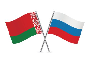 Belarus ve Rusya bayrakları. Beyaz arka planda Beyaz Rusya ve Rusya bayrakları. Vektör illüstrasyonu.