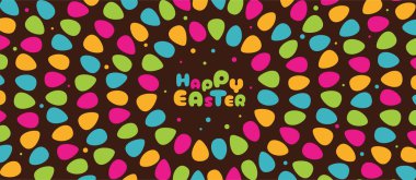 Mutlu Paskalyalar. Renkli yumurtalar ve selamlarla pankart. Vektör.