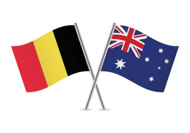 Belçika ve Avustralya bayrakları aştı. Beyaz arka planda Belçika ve Avustralya bayrakları. Vektör simgesi ayarlandı. Vektör illüstrasyonu.