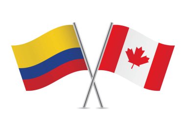 Kolombiya ve Kanada bayrakları aştı. Beyaz arka planda Kolombiya ve Kanada bayrakları. Vektör simgesi ayarlandı. Vektör illüstrasyonu.