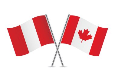 Peru ve Kanada bayrakları aştı. Beyaz arka planda Peru ve Kanada bayrakları. Vektör simgesi ayarlandı. Vektör illüstrasyonu.