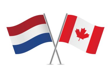 Hollanda ve Kanada bayrakları aştı. Beyaz arka planda Hollanda ve Kanada bayrakları. Vektör simgesi ayarlandı. Vektör illüstrasyonu.