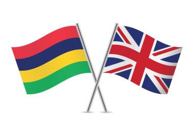 Mauritius ve İngiltere bayrakları aştı. Mauritian ve İngiliz bayrakları beyaz arka planda izole edildi. Vektör simgesi ayarlandı. Vektör illüstrasyonu.