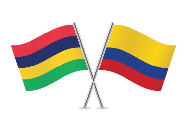 Mauritius ve Kolombiya bayrakları aştı. Beyaz arka planda Mauritian ve Kolombiya bayrakları var. Vektör simgesi ayarlandı. Vektör illüstrasyonu.